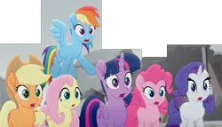 Size: 960x549 | Tagged: safe, derpibooru import, screencap, applejack, fluttershy, pinkie pie, rainbow dash, rarity, twilight sparkle, twilight sparkle (alicorn), alicorn, earth pony, pegasus, pony, unicorn, rainbow roadtrip, applejack's hat, cowboy hat, cropped, female, flying, gasp, hat, hope hollow, mane six, mare, open mouth, panorama, reaction image, shocked, simple background, transparent background, wings