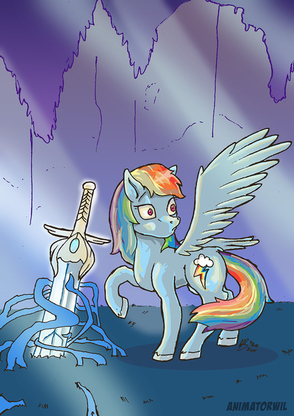 Size: 1000x1414 | Tagged: safe, artist:animatorwil, derpibooru import, rainbow dash, pony, atg 2020, newbie artist training grounds, solo, sword, weapon