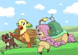 Size: 900x633 | Tagged: safe, artist:animatorwil, derpibooru import, angel bunny, applejack, fluttershy, winona, dog, gryphon, pony, rabbit, yak, animal, atg 2019, griffonized, newbie artist training grounds, species swap, yakified