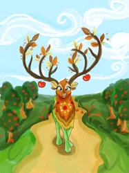 Size: 1024x1366 | Tagged: safe, artist:tamatria, derpibooru import, the great seedling, deer, going to seed, apple, apple tree, food, solo, tree