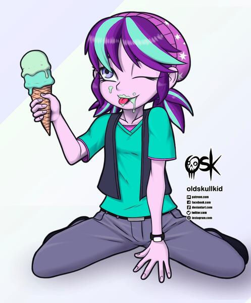 Size: 1280x1545 | Tagged: safe, artist:oldskullkid, derpibooru import, starlight glimmer, equestria girls, mirror magic, spoiler:eqg specials, beanie, clothes, female, food, hat, ice cream, ice cream cone, messy eating, one eye closed, pigtails, solo, younger