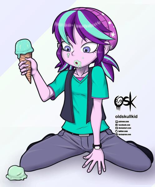 Size: 1280x1545 | Tagged: safe, alternate version, artist:oldskullkid, derpibooru import, starlight glimmer, equestria girls, mirror magic, spoiler:eqg specials, beanie, clothes, dropped ice cream, female, food, hat, ice cream, ice cream cone, messy eating, pigtails, solo, younger