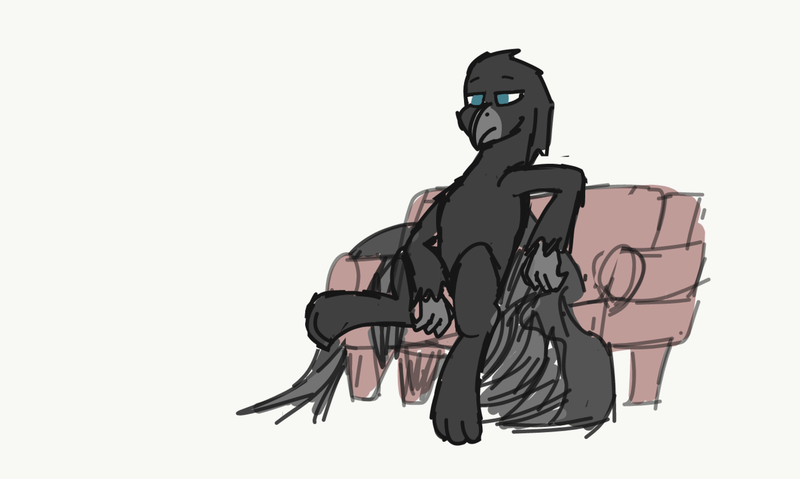 Size: 1400x839 | Tagged: safe, artist:somber, derpibooru import, oc, gryphon, beak, colored, couch, furniture, griffon oc, lonely, male, sad, sitting, solo