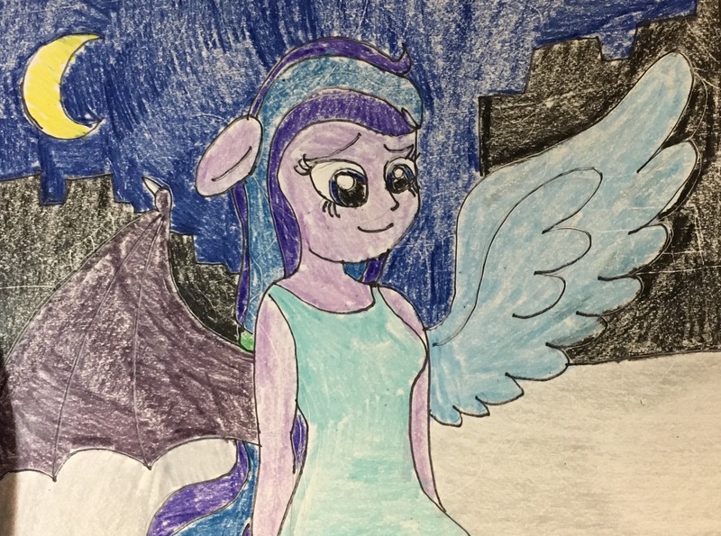 Size: 2066x1536 | Tagged: safe, derpibooru import, oc, oc:adean ruby nights, oc:adean the draconequus, unofficial characters only, human, equestria girls, clothes, dress, equestria girls-ified, female, moon, night, traditional art