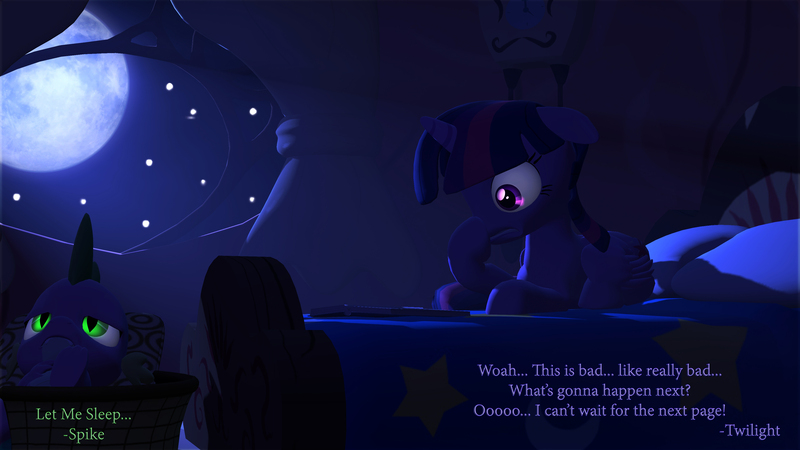 Size: 3840x2160 | Tagged: 3d, alicorn, artist:apimiku, artist:expee, bed, derpibooru import, golden oaks library, moon, night, safe, source filmmaker, spike, stars, twilight sparkle, twilight sparkle (alicorn)