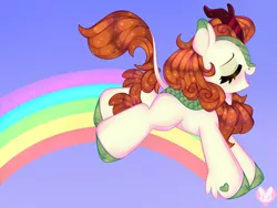 Size: 4000x3000 | Tagged: a kirin tale, artist:bunxl, autumn blaze, awwtumn blaze, blue background, cute, derpibooru import, female, high res, kirin, profile, rainbow, safe, scene interpretation, simple background, singing, solo, sounds of silence