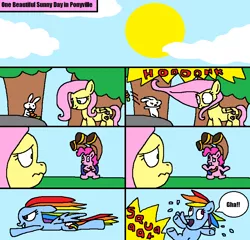 Size: 849x815 | Tagged: safe, alternate version, artist:logan jones, derpibooru import, angel bunny, fluttershy, pinkie pie, rainbow dash, pegasus, pony, comic:yakity-sax logan jones' version, yakity-sax, alternate scenario, carrot, comic, feather, flying, food, forest, onomatopoeia, rock, scared, shrug, sky, sound effects, startled, sun, yovidaphone