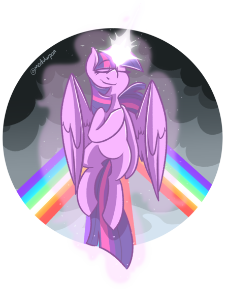 Size: 1551x2082 | Tagged: safe, artist:modularpon, deleted from derpibooru, derpibooru import, twilight sparkle, twilight sparkle (alicorn), alicorn, pony, eyes closed, female, glowing horn, grin, horn, magic, mare, rainbow, simple background, smiling, solo, spread wings, transparent background, wings