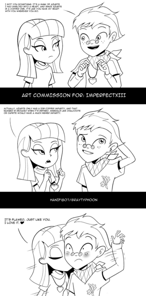 Size: 1000x2028 | Tagged: safe, artist:graytyphoon, derpibooru import, part of a set, maud pie, oc, oc:copper plume, equestria girls, arm behind head, blushing, canon x oc, clothes, comic, commission, commissioner:imperfectxiii, dialogue, female, freckles, glasses, heart necklace, jewelry, kiss on the cheek, kissing, male, maudplume, monochrome, neckerchief, necklace, shipping, shirt, straight, surprised, wide eyes