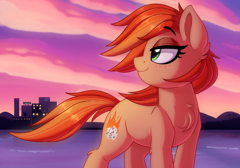 Size: 2000x1400 | Tagged: safe, artist:thegamblehorse, deleted from derpibooru, derpibooru import, oc, oc:parlay, unofficial characters only, earth pony, pony, chest fluff, city, cloud, female, freckles, mare, ocean, solo, windswept mane