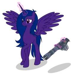 Size: 4000x4000 | Tagged: safe, artist:kitana762, derpibooru import, oc, oc:lacunae, unofficial characters only, alicorn, pony, fallout equestria, fallout equestria: project horizons, artificial alicorn, fanfic art, gun, magic, minigun, purple alicorn (fo:e), sad, simple background, solo, spread wings, telekinesis, transparent background, weapon, wings