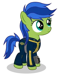 Size: 2000x2500 | Tagged: safe, artist:kitana762, derpibooru import, oc, oc:scotch tape, unofficial characters only, earth pony, pony, fallout equestria, fallout equestria: project horizons, clothes, fanfic art, female, filly, jumpsuit, pipbuck, simple background, solo, transparent background, vault suit