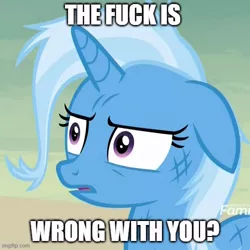 Size: 500x500 | Tagged: safe, derpibooru import, edit, edited screencap, editor:icey-wicey-1517, screencap, trixie, pony, unicorn, road to friendship, bruised, cropped, female, floppy ears, imgflip, injured, mare, meme, messy mane, reaction image, shocked, solo, stare, text, thousand yard stare, vulgar, wat