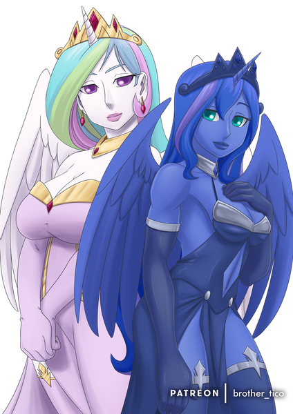 Size: 1013x1433 | Tagged: alicorn, alternate version, artist:brother-tico, big breasts, breasts, busty princess celestia, busty princess luna, cleavage, clothes, crown, derpibooru import, ear piercing, earring, gloves, horn, horned humanization, human, humanized, jewelry, long gloves, looking at you, patreon, piercing, princess celestia, princess luna, regalia, royal sisters, safe