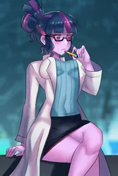 Size: 800x1200 | Tagged: safe, artist:tzc, derpibooru import, sci-twi, twilight sparkle, equestria girls, bad anatomy, breasts, clothes, crossed legs, lab coat, pencil, sitting, skirt, solo, uniform