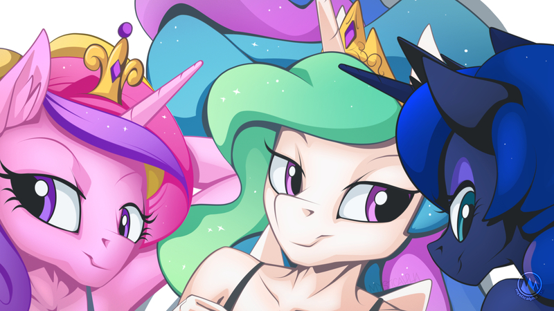 Size: 1920x1080 | Tagged: alicorn triarchy, anthro, artist:mysticalpha, bust, clothes, crown, derpibooru import, female, females only, jewelry, mare, portrait, princess cadance, princess celestia, princess luna, regalia, smiling, smirk, smug, suggestive, trio, wallpaper