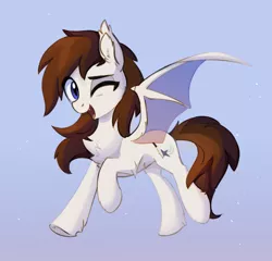 Size: 1508x1447 | Tagged: safe, artist:aureai, derpibooru import, oc, oc:aero soarer, unofficial characters only, bat pony, pony, bat pony oc, bat wings, belly fluff, chest fluff, commission, cute, ear fluff, fangs, feminine stallion, fluffy, gradient background, leg fluff, looking at you, male, ocbetes, one eye closed, open mouth, simple background, smiling, solo, spread wings, stallion, transparent wings, wing fluff, wings, wink, winking at you