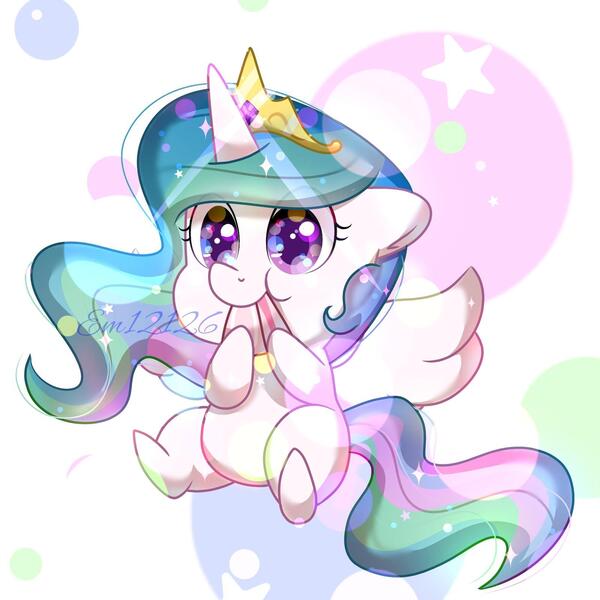 Size: 1600x1600 | Tagged: safe, artist:emyjk, derpibooru import, princess celestia, alicorn, pony, cake, cakelestia, chibi, crown, cute, cutelestia, eating, female, food, jewelry, mare, regalia, sitting, solo, stars