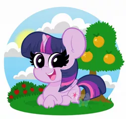 Size: 2048x1945 | Tagged: safe, artist:kittyrosie, derpibooru import, part of a set, twilight sparkle, twilight sparkle (alicorn), alicorn, pony, berry bush, blushing, bush, cloud, cute, female, food, mare, open mouth, orange, orange tree, prone, smiling, solo, strawberry, tree, twiabetes