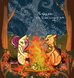 Size: 1253x1310 | Tagged: safe, artist:theonlymousse, derpibooru import, applejack, fluttershy, earth pony, pegasus, pony, alternate hairstyle, burn, campfire, duo, female, fire, justice, mare, nazi flag, night, outdoors, politics, quote, sitting, smoke, tree, wingless