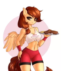 Size: 1590x1852 | Tagged: anthro, artist:yutakira92, bedroom eyes, derpibooru import, food, hand on hip, looking at you, meat, midriff, oc, oc:vanilla creame, outback steakhouse, pegasus, pegasus oc, safe, sexy, simple background, smiling, steak, tomboy, tomboy outback, unofficial characters only, waitress, wings