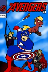 Size: 266x398 | Tagged: safe, artist:johnathon-matthews, derpibooru import, oc, oc:commander firebrand, oc:firebrand, human, pony, unicorn, fanfic, captain america, commission, fanfic art, fanfic cover, hawkeye, iron man, marvel, obtrusive watermark, the avengers, thor, watermark