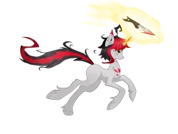 Size: 4000x3000 | Tagged: safe, artist:tomat-in-cup, derpibooru import, oc, unofficial characters only, pony, unicorn, blood, glowing horn, horn, knife, magic, messy mane, running, simple background, solo, telekinesis, transparent background, unicorn oc