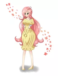 Size: 1322x1735 | Tagged: artist:tomat-in-cup, clothes, cute, derpibooru import, dress, eyelashes, fluttershy, gloves, high heels, human, humanized, long gloves, safe, shoes, shyabetes, smiling, solo, wrong eye color