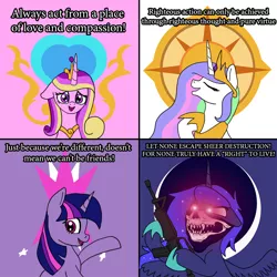 Size: 900x900 | Tagged: safe, artist:slamjam, derpibooru import, princess cadance, princess celestia, princess luna, twilight sparkle, alicorn, pony, comic, dissonant caption, female, gun, m4 carbine, mare, rifle, skull mask, text, weapon