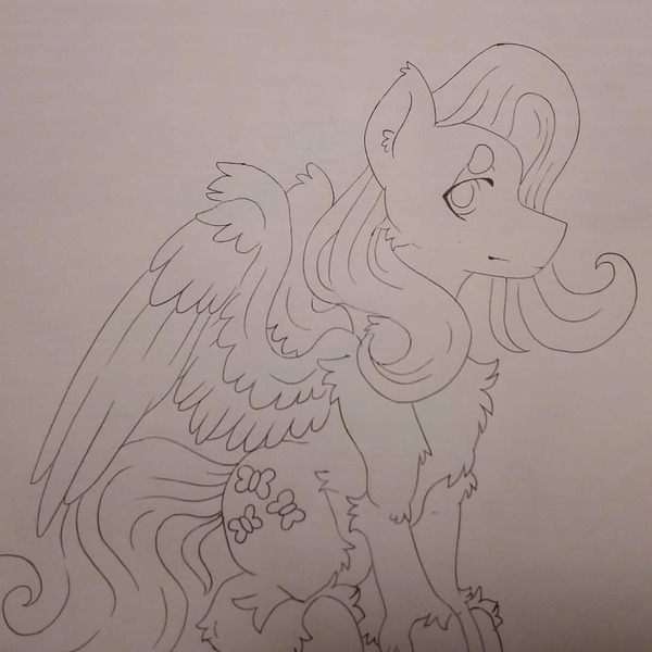 Size: 1080x1080 | Tagged: safe, artist:c_owokie, derpibooru import, fluttershy, pegasus, pony, chest fluff, female, fluffy, lineart, mare, smiling, solo, traditional art, unshorn fetlocks