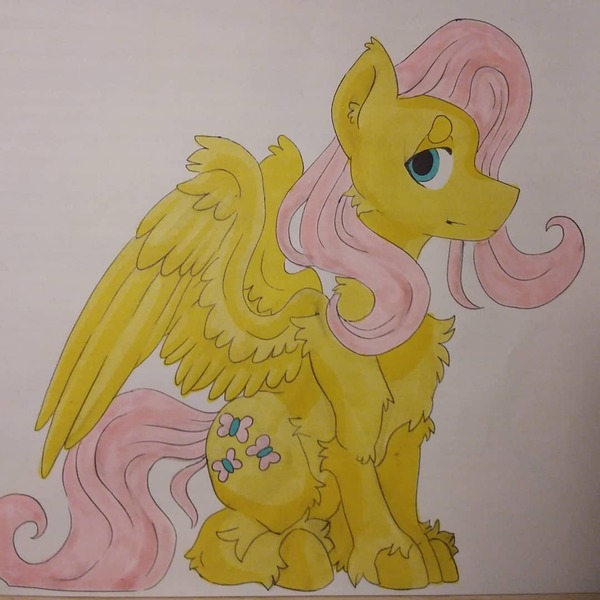 Size: 1080x1080 | Tagged: safe, alternate version, artist:c_owokie, derpibooru import, fluttershy, pegasus, pony, chest fluff, colored, female, fluffy, mare, smiling, solo, traditional art, unshorn fetlocks