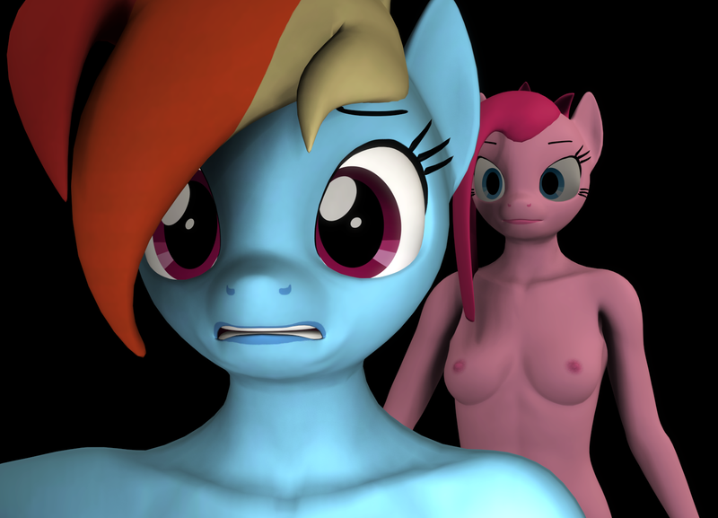 Size: 1497x1080 | Tagged: 3d, anthro, artist:camtwosix, behind you, black background, breasts, creepy, derpibooru import, dilated pupils, fanfic:cupcakes, female, females only, looking at someone, nipples, nudity, pinkamena diane pie, pinkie pie, plantigrade anthro, questionable, rainbow dash, scared, simple background, source filmmaker