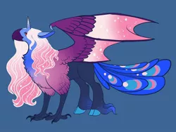 Size: 1024x768 | Tagged: artist:loryska, blue background, derpibooru import, ethereal mane, hybrid, hybrid wings, interspecies offspring, magical lesbian spawn, oc, offspring, parent:princess luna, parent:queen novo, safe, simple background, solo, wings