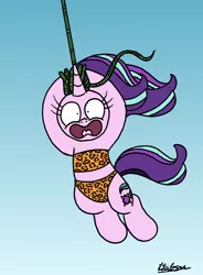 Size: 1482x2010 | Tagged: safe, artist:bobthedalek, derpibooru import, starlight glimmer, pony, unicorn, atg 2020, bikini, clothes, female, george of the jungle, leopard print, mare, newbie artist training grounds, screaming, solo, swimsuit, swinging, this will end in pain, vine, windswept mane