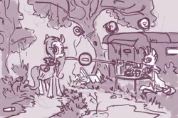 Size: 1024x683 | Tagged: safe, artist:agm, derpibooru import, fluttershy, zecora, pegasus, pony, zebra, barrier, busted wagon, cloak, clothes, duo, everfree forest, female, folded wings, looking at you, mare, monochrome, outdoors, road, roadblock, shack, table, wagon, wings, wip