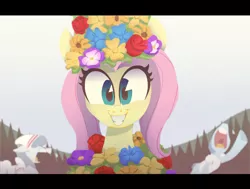 Size: 3000x2265 | Tagged: safe, artist:jimmyjamno1, derpibooru import, fluttershy, pony, bust, clothes, crying, dress, female, floral head wreath, flower, full face view, grin, implied death, looking at you, mare, midsommar, outdoors, scene interpretation, smiling, solo focus, this will end in death, this will end in tears, this will end in tears and/or death, wreath