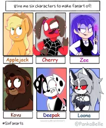 Size: 1000x1200 | Tagged: safe, artist:pankabelle, derpibooru import, applejack, anthro, big cat, dog, earth pony, human, lion, pony, six fanarts, 101 dalmatians, :p, animal crossing, anthro with ponies, bust, clothes, collar, crossed arms, crossover, dc superhero girls, devil horn (gesture), ear piercing, earring, eye scar, female, grin, hat, helluva boss, jewelry, kovu, looking up, loona (helluva boss), magic wand, mare, open mouth, piercing, red eyes, scar, smiling, the lion king, tongue out, unamused, worried, zatanna