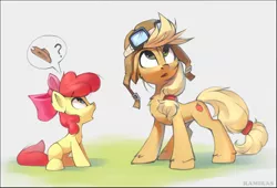 Size: 1280x868 | Tagged: safe, artist:ramiras, derpibooru import, apple bloom, applejack, earth pony, pony, how applejack got her hat back, my little pony: pony life, spoiler:pony life s01e04, applejack's hat, aviator hat, blue eyes, cowboy hat, duo, female, filly, g4.5 to g4, hat, mare, pictogram, pilotjack, question mark, siblings, sisters, speech bubble, wrong eye color