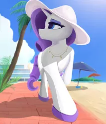 Size: 3300x3880 | Tagged: safe, artist:scarlet wayfarer, derpibooru import, rarity, pony, unicorn, beach, female, fetish, hat, hoof fetish, jewelry, mare, necklace, palm tree, sandals, solo, sun hat, tree, umbrella, updated