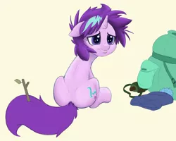 Size: 1280x1024 | Tagged: safe, artist:ikarooz, derpibooru import, starlight glimmer, pony, unicorn, the mean 6, alternate hairstyle, atg 2020, backpack, camping, canteen, cute, female, floppy ears, glimmerbetes, hat, mare, messy mane, newbie artist training grounds, sad, sadorable, sitting, solo, toque, twig