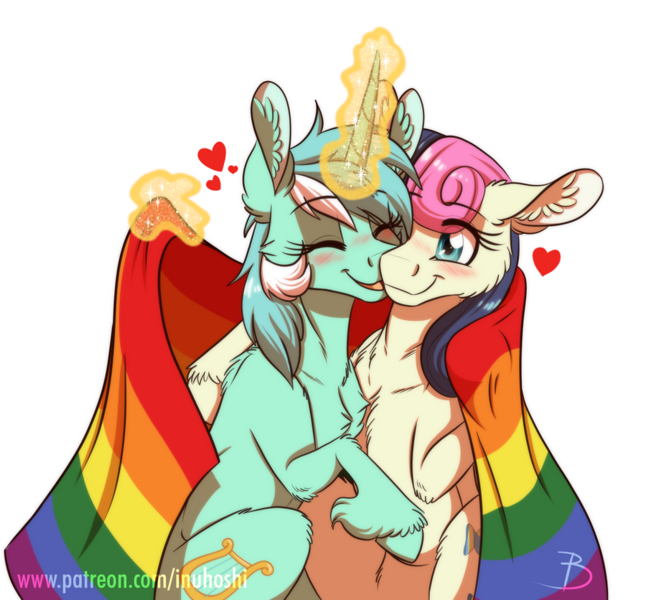 Size: 900x836 | Tagged: safe, artist:inuhoshi-to-darkpen, derpibooru import, bon bon, lyra heartstrings, sweetie drops, earth pony, pony, unicorn, blushing, canon ship, cute, eyes closed, female, flag, floating heart, heart, kiss on the cheek, kissing, lesbian, lyrabon, married couple, pride, pride flag, pride month, rainbow, shipping, simple background, transparent background