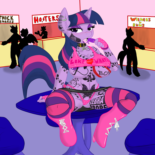 Size: 3000x3000 | Tagged: questionable, artist:poprocks, derpibooru import, edit, editor:ztriped zinnerz, twilight sparkle, anthro, pegasus, unguligrade anthro, unicorn, areola, areola slip, background character, bar code, belly button, bimbo, bimbo sparkle, blushing, body writing, breasts, busty twilight sparkle, cameltoe, cleavage, clothes, collar, ear piercing, earring, erect nipples, eyelashes, eyeliner, eyeshadow, face tattoo, female, female focus, fingerless gloves, food, gloves, heart, high heels, high res, horn, jewelry, kneesocks, lidded eyes, lipstick, makeup, male, mall, mare, midriff, multicolored hair, multicolored mane, multicolored tail, nipple outline, nipples, nudity, panties, pet tag, piercing, popsicle, public, public exposure, purple eyes, purple eyeshadow, purple lipstick, queen of spades, queen of stripes tattoo, shoes, skirt, socks, solo focus, stallion, stockings, striped socks, tattoo, text, thigh highs, thong, tongue out, tongue piercing, underass, underboob, underwear, upskirt, vulgar, wallpaper, wallpaper for the fearless, wardrobe malfunction, zebra supremacy, zebradom