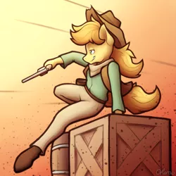 Size: 2000x2000 | Tagged: safe, artist:ohemo, derpibooru import, braeburn, anthro, earth pony, pony, atg 2020, chase, clothes, cowboy hat, gun, hat, male, newbie artist training grounds, pants, solo, stetson, weapon