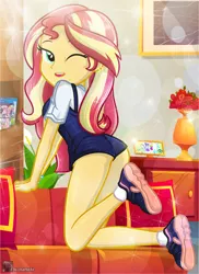 Size: 561x770 | Tagged: suggestive, artist:charliexe, derpibooru import, sunset shimmer, equestria girls, adorasexy, ass, breasts, bunset shimmer, butt, clothes, cute, description story, female, legs, looking back, one eye closed, open mouth, sexy, shimmerbetes, shoes, sneakers, solo, solo female, thighs, wink