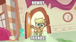 Size: 888x499 | Tagged: safe, derpibooru import, edit, edited screencap, editor:icey-wicey-1517, screencap, applejack, earth pony, pony, my little pony: pony life, the trail less trotten, spoiler:pony life s01e07, applejack's hat, caption, cowboy hat, cute, door, female, hat, howdy, image macro, imgflip, jackabetes, mare, meme, open mouth, raised hoof, solo, text