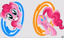 Size: 512x308 | Tagged: safe, artist:0pika-chan0, derpibooru import, pinkie pie, earth pony, pony, cute, diapinkes, female, grin, mare, now you're thinking with portals, portal, portal (valve), signature, smiling, solo