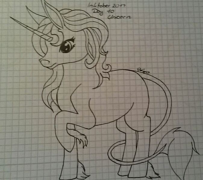 Size: 809x720 | Tagged: safe, artist:0pika-chan0, derpibooru import, oc, unofficial characters only, pony, unicorn, graph paper, hoof fluff, horn, inktober 2017, leonine tail, lineart, raised hoof, solo, traditional art, unicorn oc