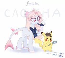 Size: 1282x1141 | Tagged: safe, artist:sonnatora, derpibooru import, oc, unofficial characters only, original species, pikachu, pony, clothes, detective pikachu, magnifying glass, pipe, pokémon, scarf