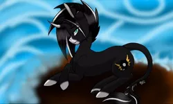 Size: 512x308 | Tagged: safe, artist:0pika-chan0, derpibooru import, oc, oc:shadow heart, pony, unicorn, abstract background, colored hooves, horn, leonine tail, prone, signature, solo, unicorn oc