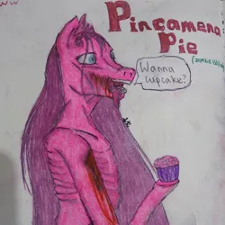 Size: 1080x1080 | Tagged: grimdark, artist:starly_but, derpibooru import, pinkie pie, earth pony, semi-anthro, fanfic:cupcakes, blood, brain, cupcake, female, food, pinkamena diane pie, ribcage, solo, starving, talking, tongue out